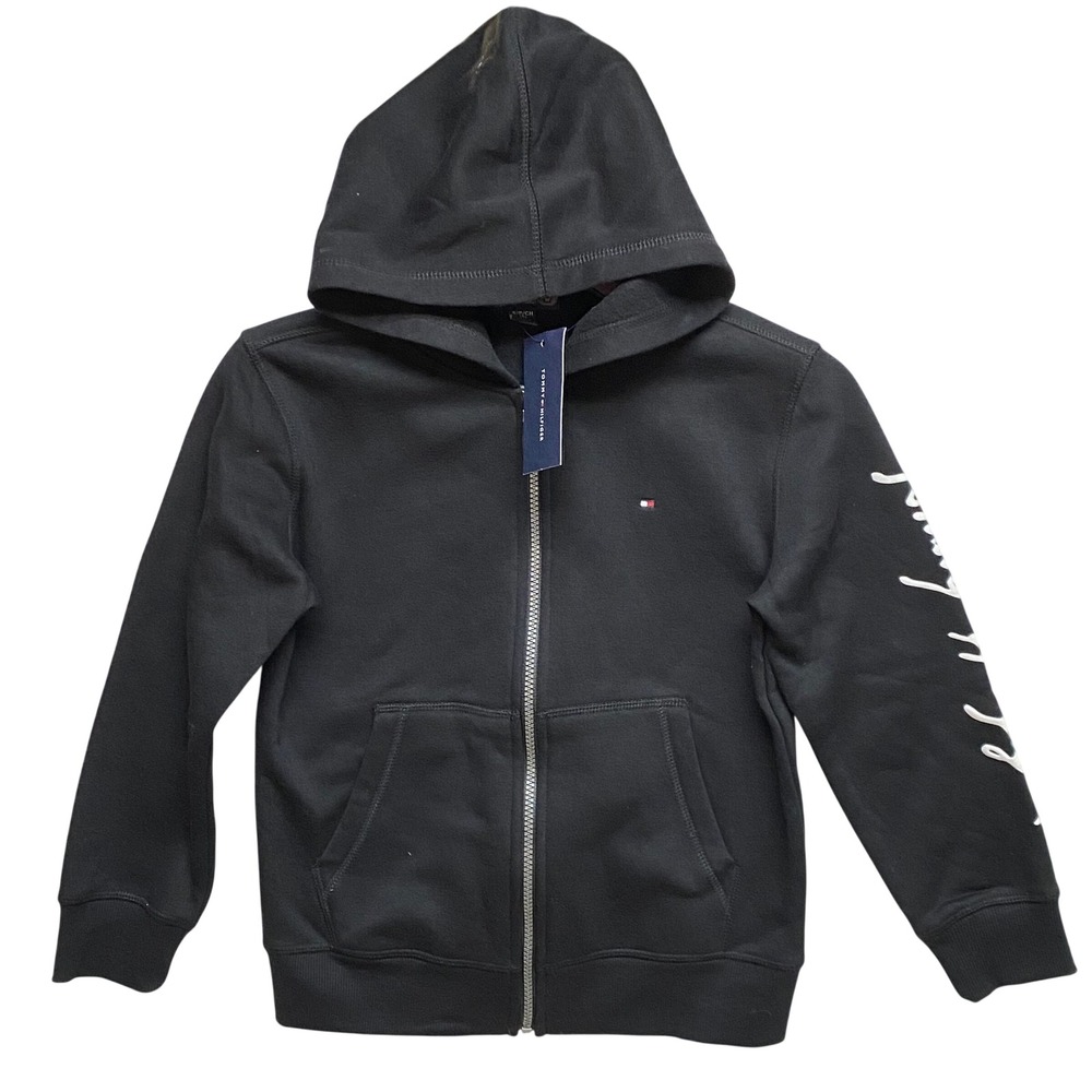 Tommy Hilfiger Black‎ Zip Up Hoodie Boys Girls Signature Logo Sleeve Sm 6-8 NWT - Picture 4 of 9